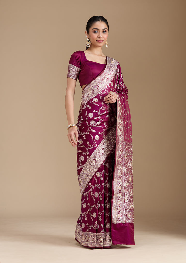 Wine Silk Jaal Gold Zardozi Saree With Matching Blouse Piece