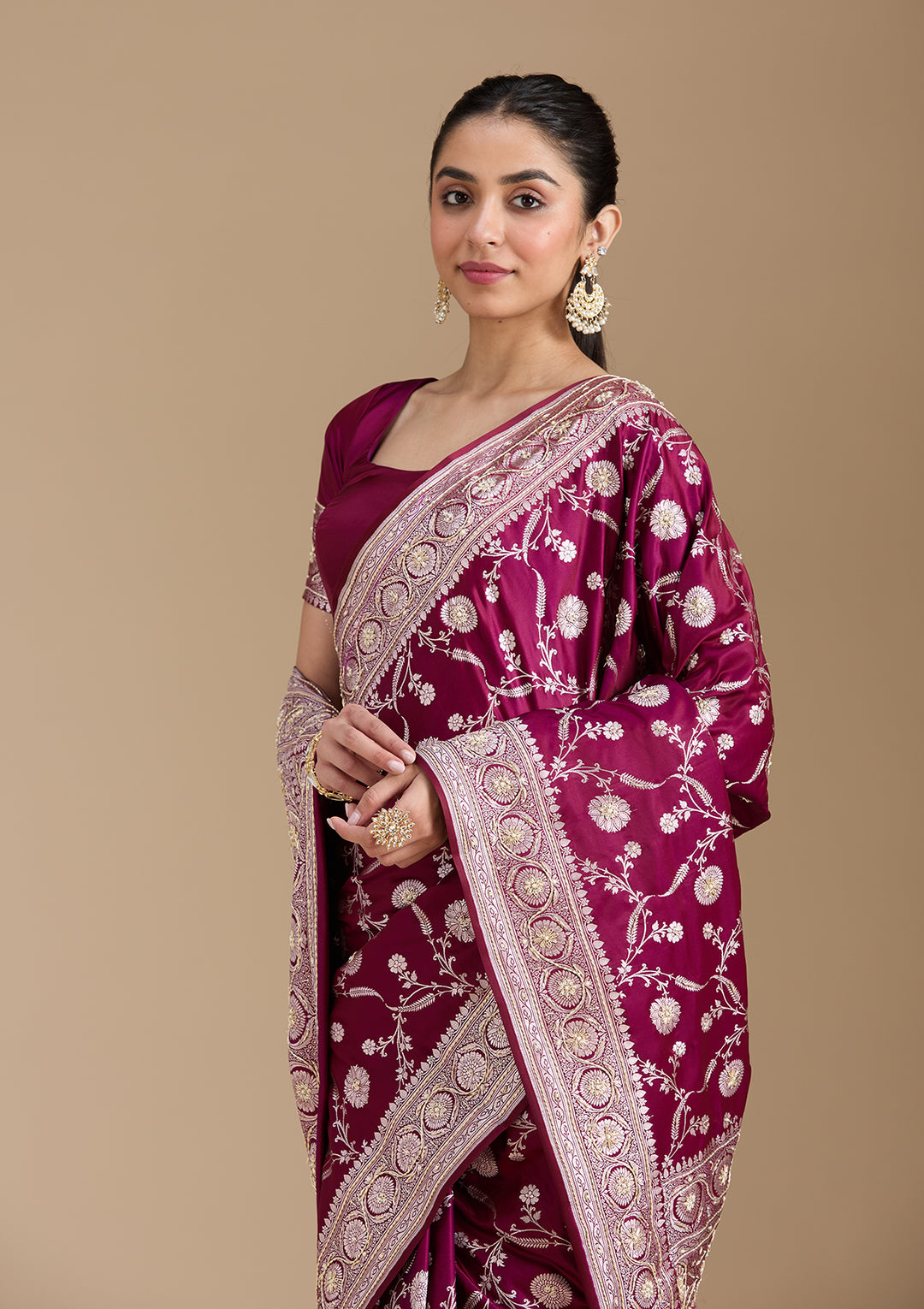 Wine Silk Jaal Gold Zardozi Saree With Matching Blouse Piece