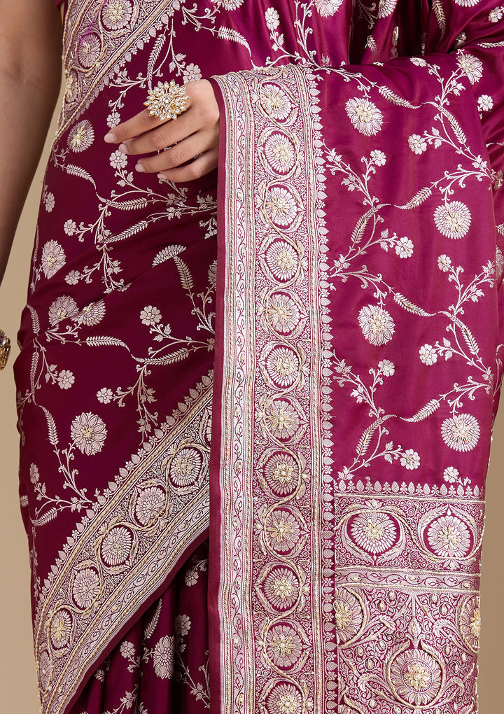 Wine Silk Jaal Gold Zardozi Saree With Matching Blouse Piece