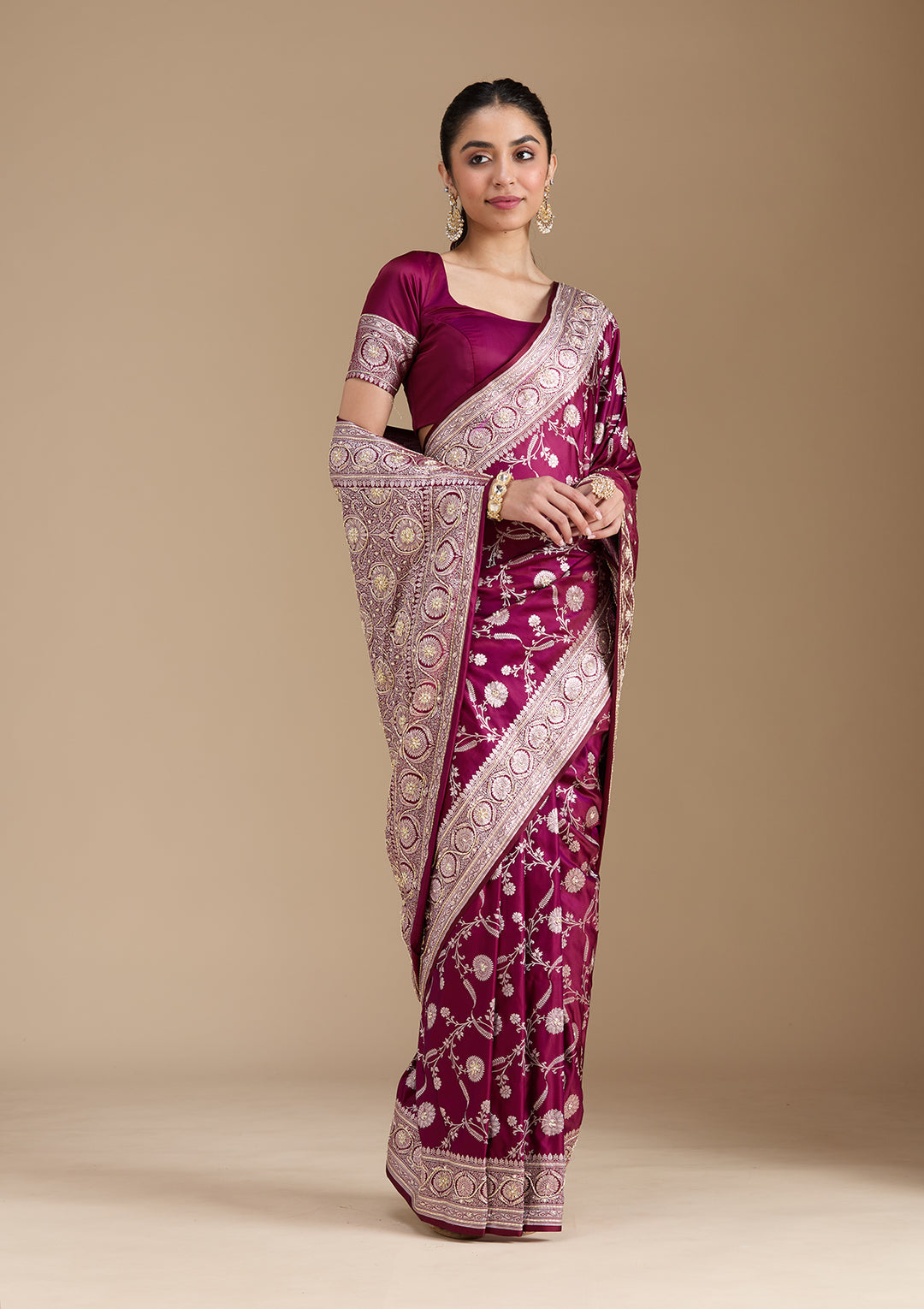 Wine Silk Jaal Gold Zardozi Saree With Matching Blouse Piece