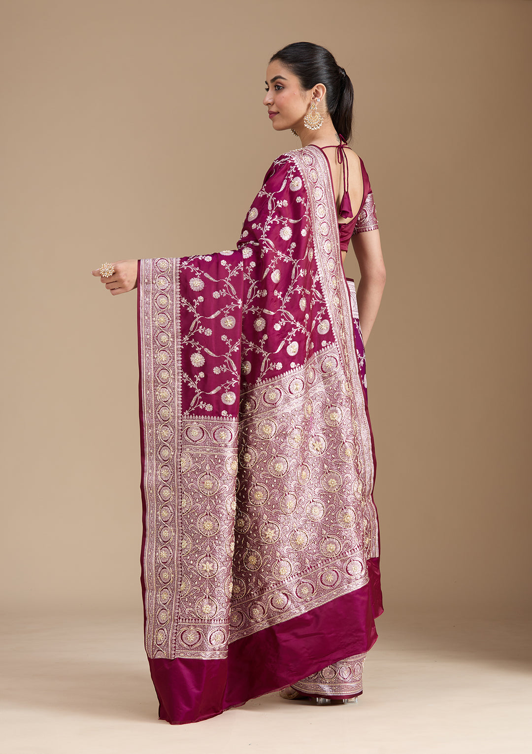 Wine Silk Jaal Gold Zardozi Saree With Matching Blouse Piece