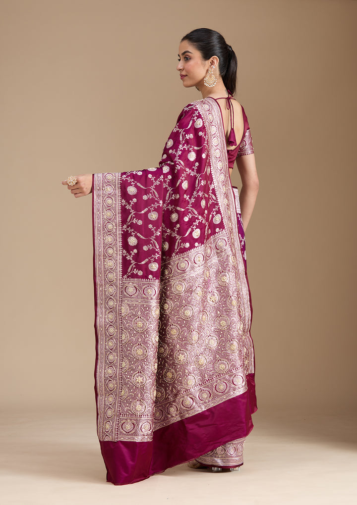 Wine Silk Jaal Gold Zardozi Saree With Matching Blouse Piece