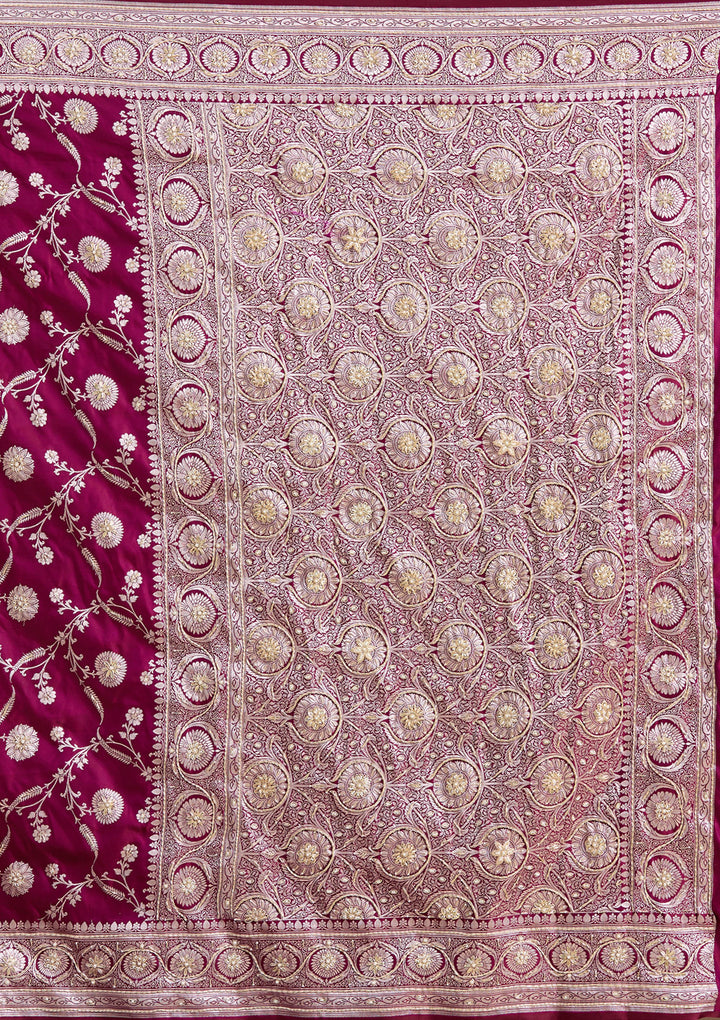 Wine Silk Jaal Gold Zardozi Saree With Matching Blouse Piece