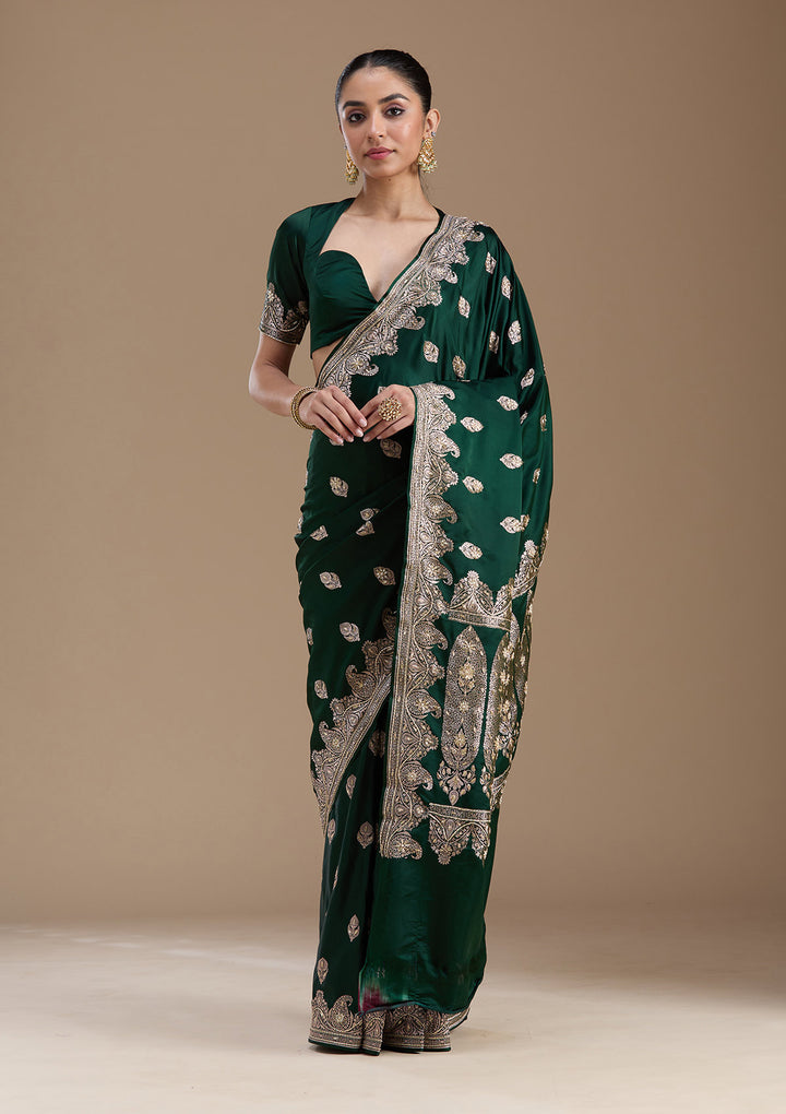 Bottle Green Silk Buti Gold Zardozi Saree With Matching Blouse Piece