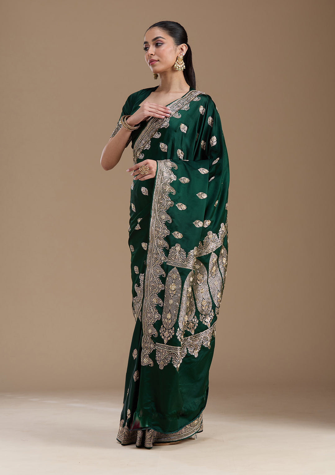 Bottle Green Silk Buti Gold Zardozi Saree With Matching Blouse Piece