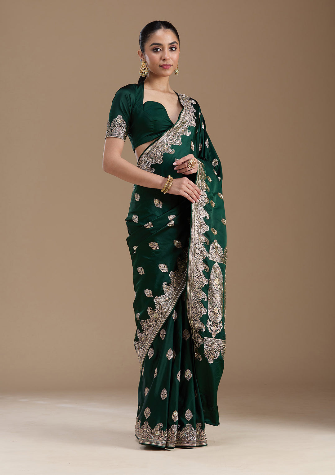Bottle Green Silk Buti Gold Zardozi Saree With Matching Blouse Piece