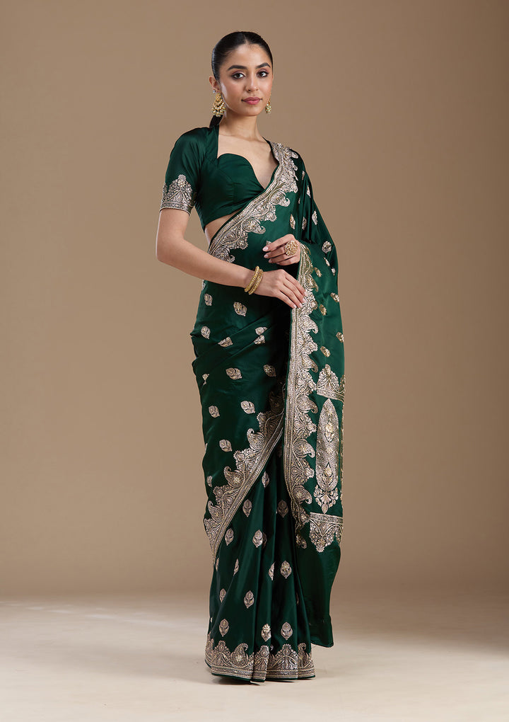 Bottle Green Silk Buti Gold Zardozi Saree With Matching Blouse Piece