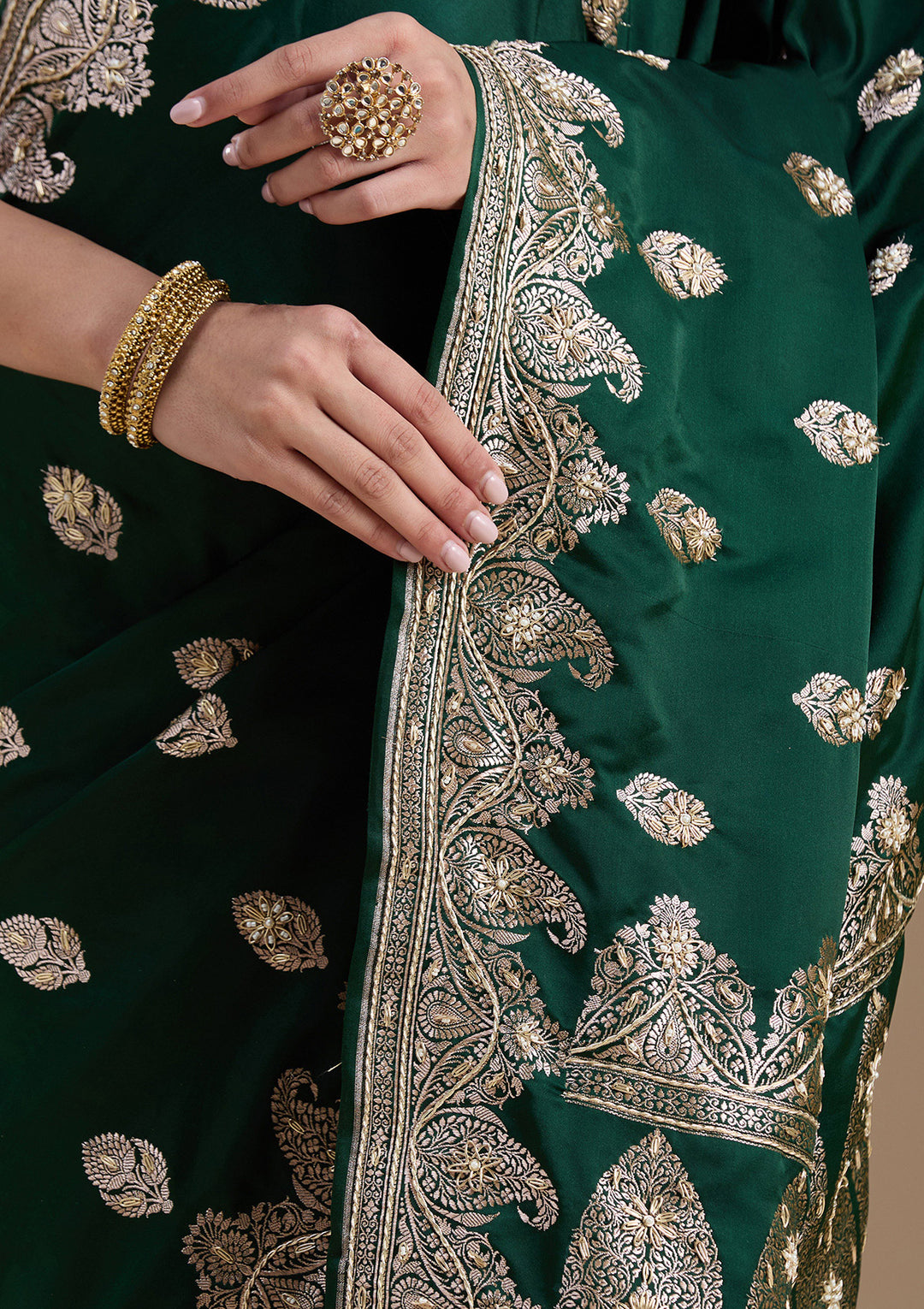 Bottle Green Silk Buti Gold Zardozi Saree With Matching Blouse Piece