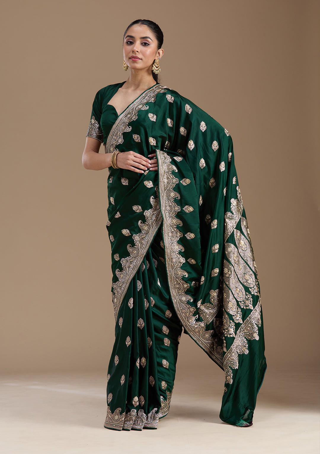 Bottle Green Silk Buti Gold Zardozi Saree With Matching Blouse Piece