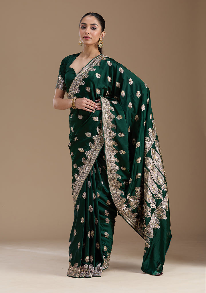 Bottle Green Silk Buti Gold Zardozi Saree With Matching Blouse Piece