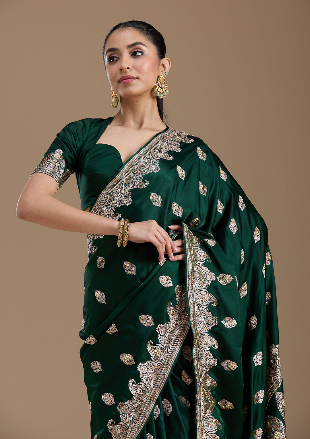 Bottle Green Silk Buti Gold Zardozi Saree With Matching Blouse Piece