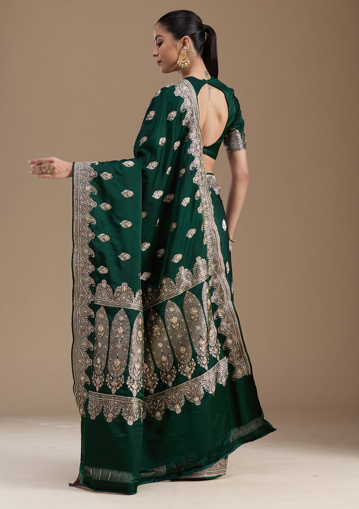 Bottle Green Silk Buti Gold Zardozi Saree With Matching Blouse Piece