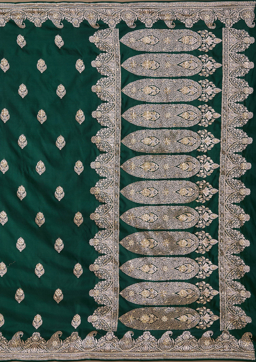 Bottle Green Silk Buti Gold Zardozi Saree With Matching Blouse Piece