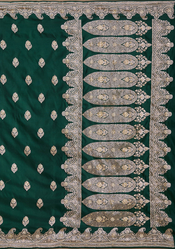 Bottle Green Silk Buti Gold Zardozi Saree With Matching Blouse Piece