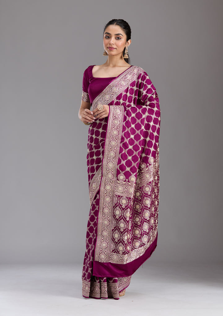 Wine Silk Jaal Gold Zardozi Saree With Matching Blouse Piece
