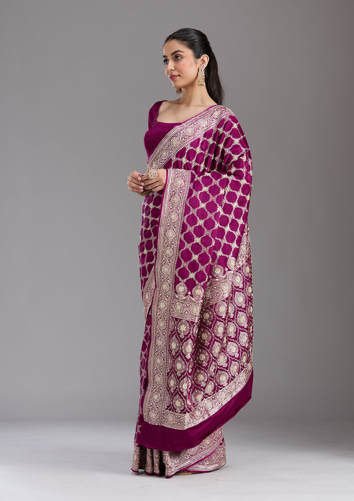Wine Silk Jaal Gold Zardozi Saree With Matching Blouse Piece