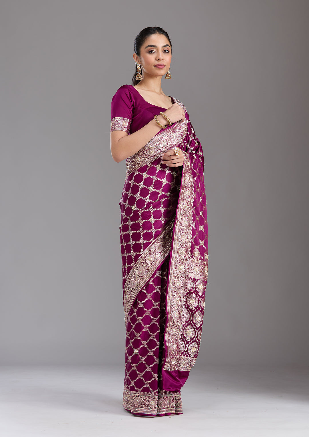 Wine Silk Jaal Gold Zardozi Saree With Matching Blouse Piece