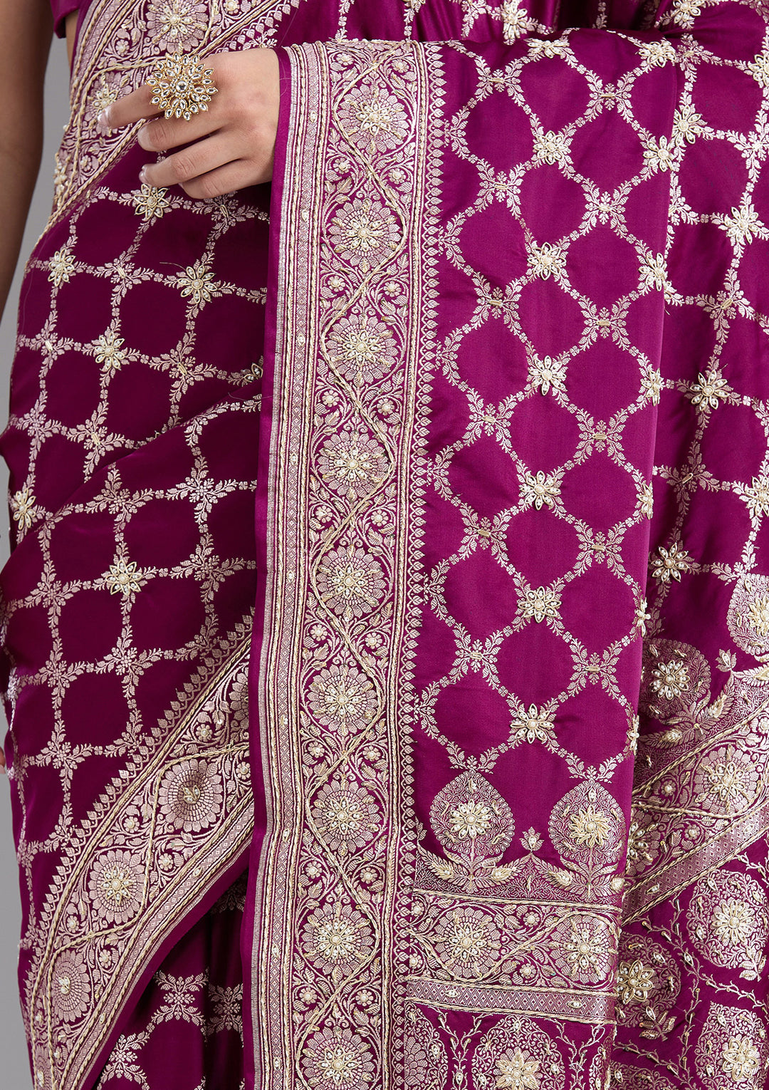 Wine Silk Jaal Gold Zardozi Saree With Matching Blouse Piece