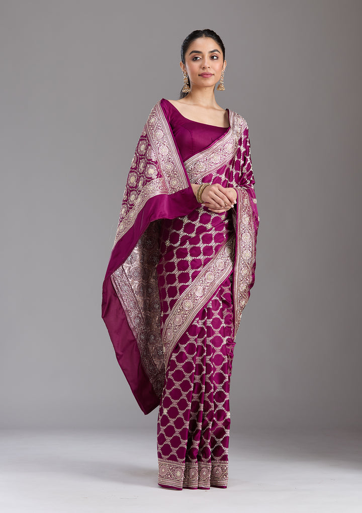 Wine Silk Jaal Gold Zardozi Saree With Matching Blouse Piece