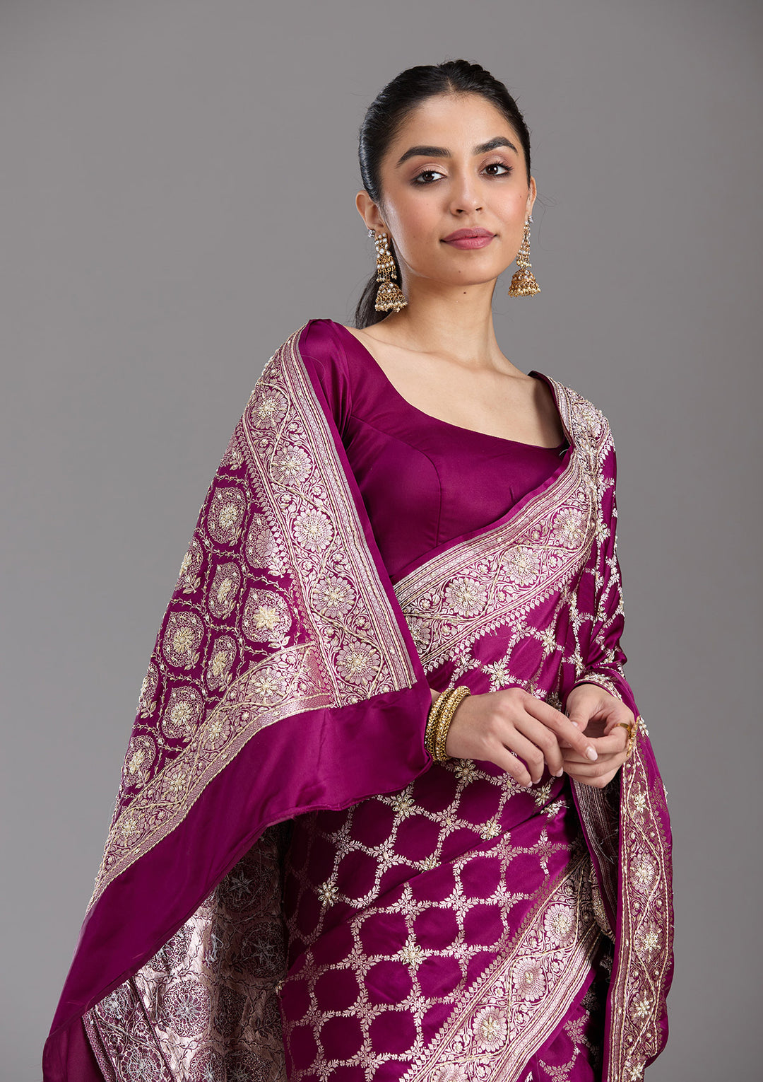 Wine Silk Jaal Gold Zardozi Saree With Matching Blouse Piece