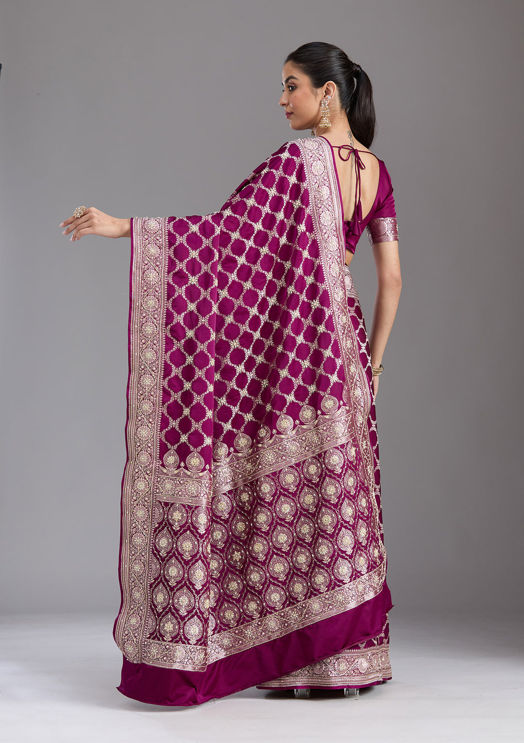 Wine Silk Jaal Gold Zardozi Saree With Matching Blouse Piece