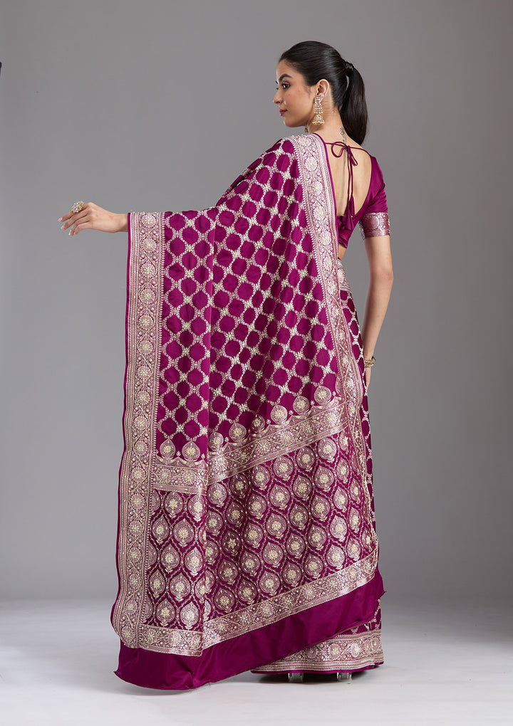 Wine Silk Jaal Gold Zardozi Saree With Matching Blouse Piece
