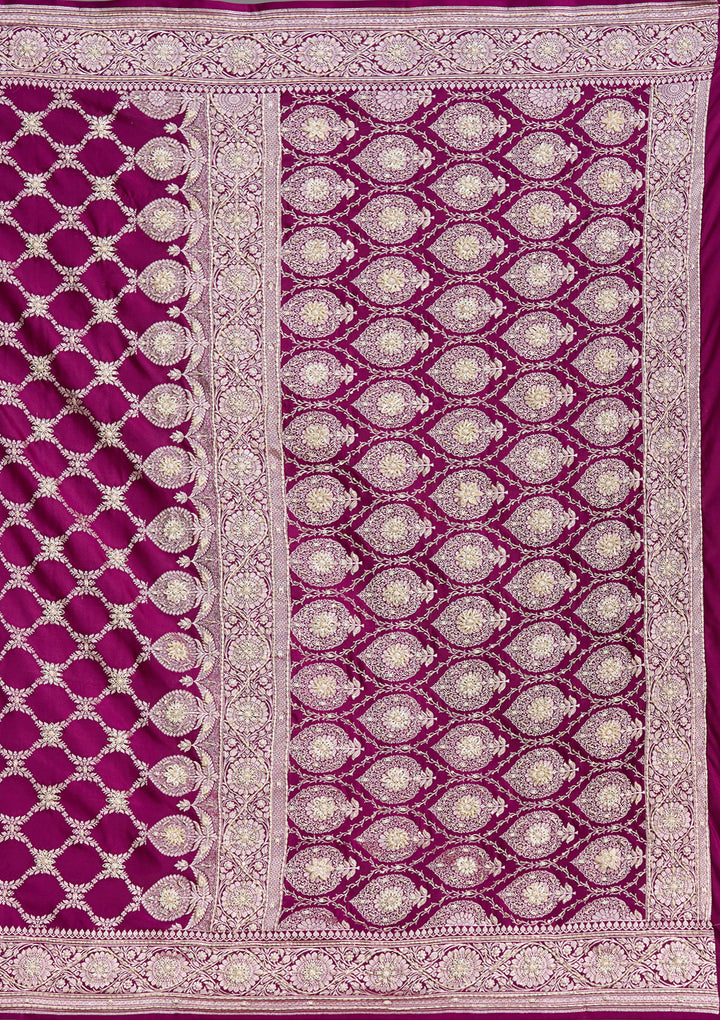 Wine Silk Jaal Gold Zardozi Saree With Matching Blouse Piece