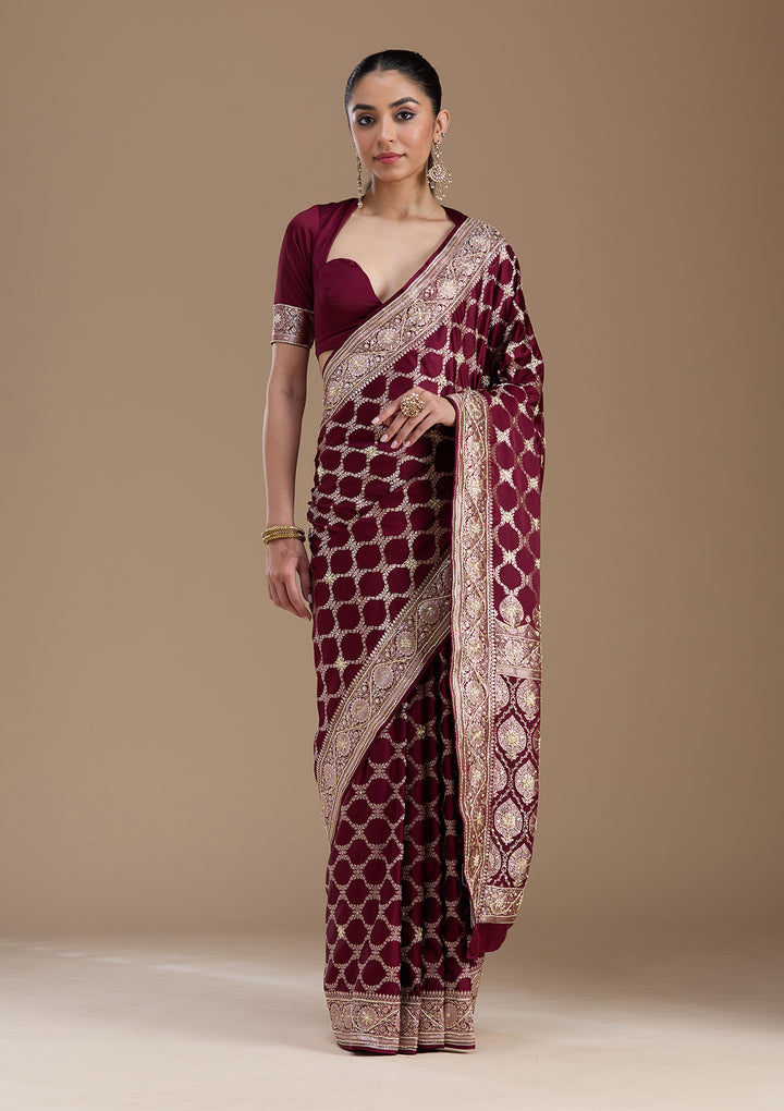 Maroon Silk Jaal Gold Zardozi Saree With Matching Blouse Piece