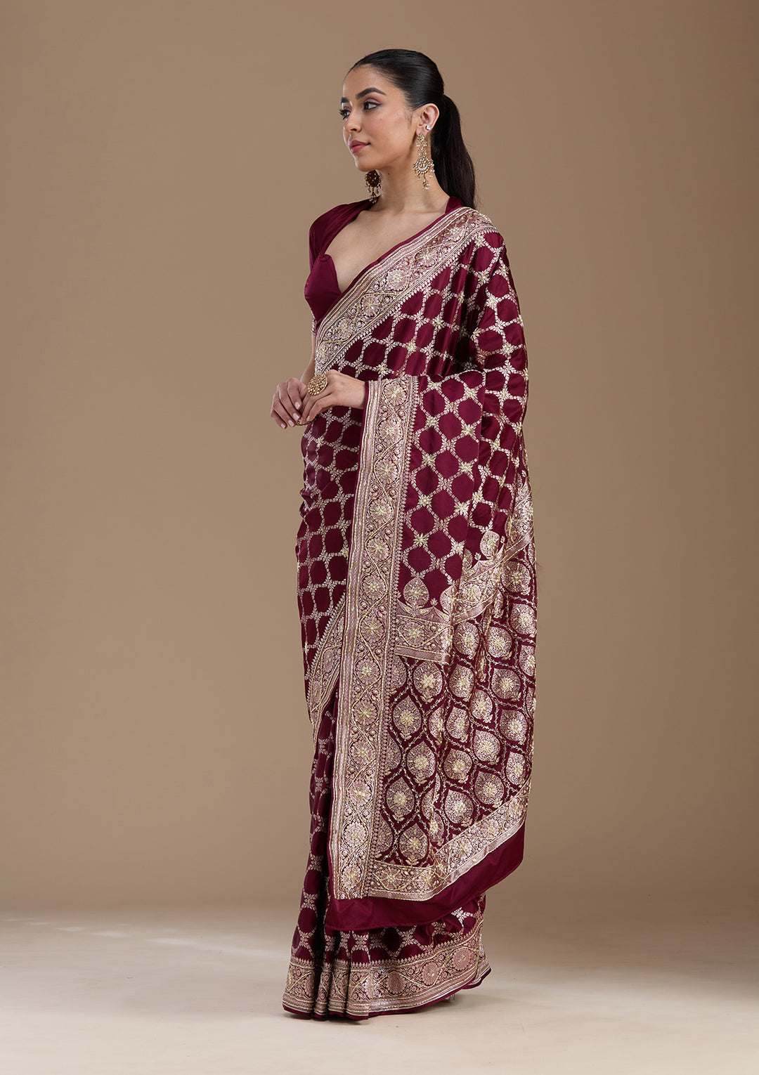 Maroon Silk Jaal Gold Zardozi Saree With Matching Blouse Piece