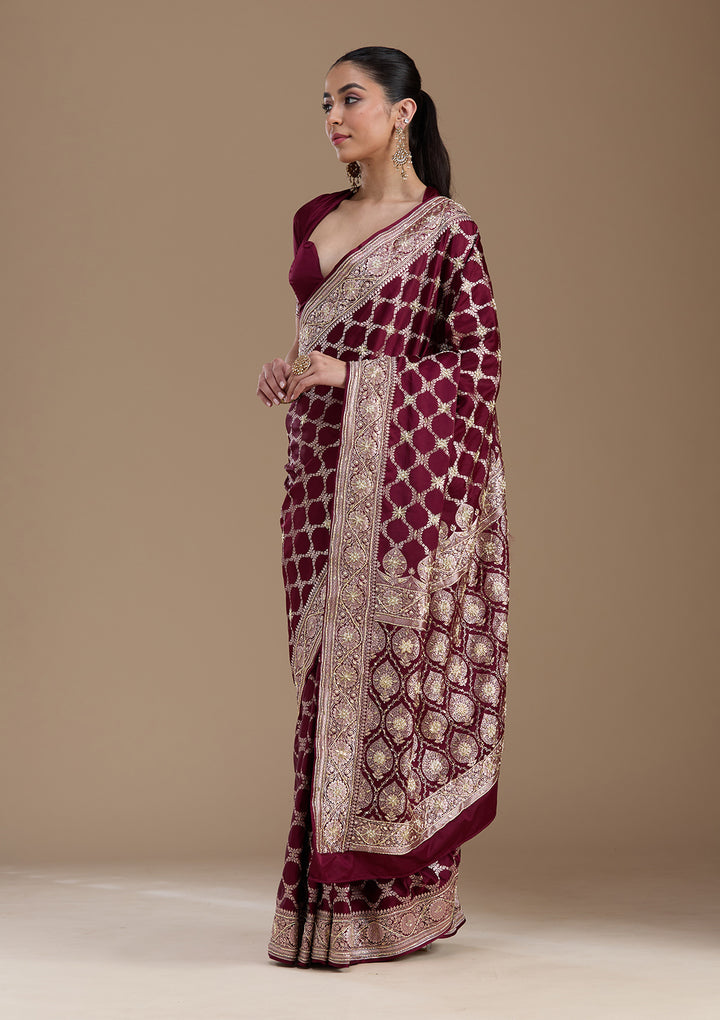 Maroon Silk Jaal Gold Zardozi Saree With Matching Blouse Piece