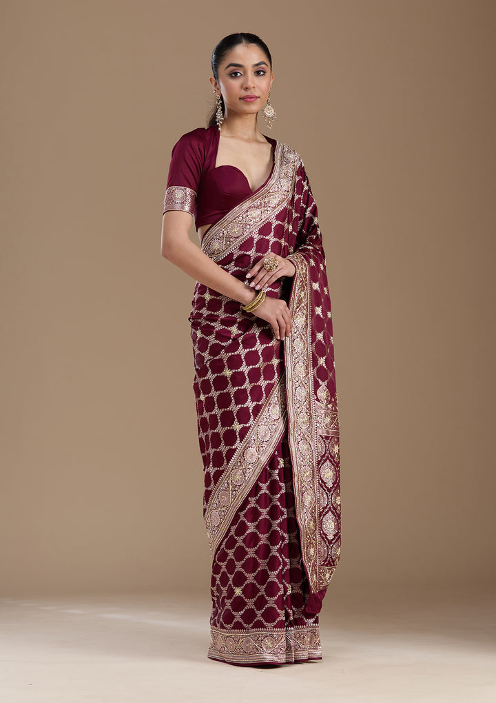 Maroon Silk Jaal Gold Zardozi Saree With Matching Blouse Piece