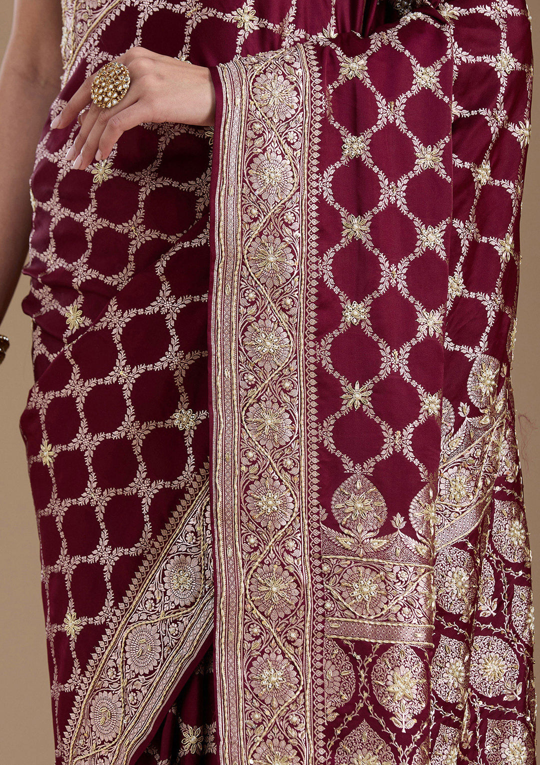 Maroon Silk Jaal Gold Zardozi Saree With Matching Blouse Piece