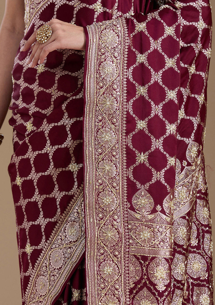 Maroon Silk Jaal Gold Zardozi Saree With Matching Blouse Piece