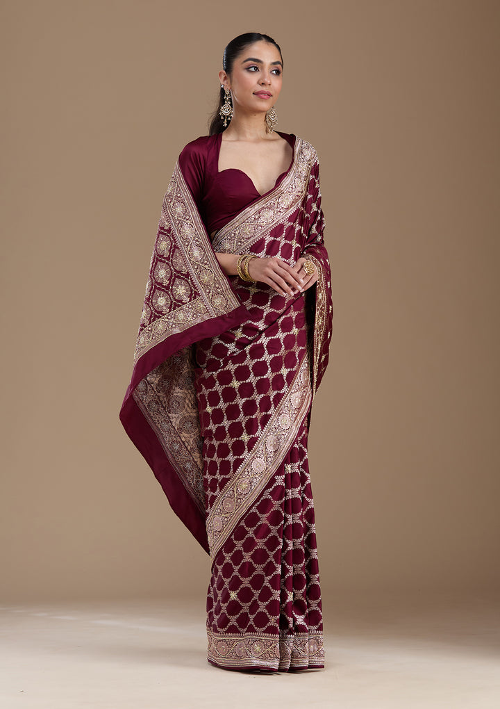 Maroon Silk Jaal Gold Zardozi Saree With Matching Blouse Piece