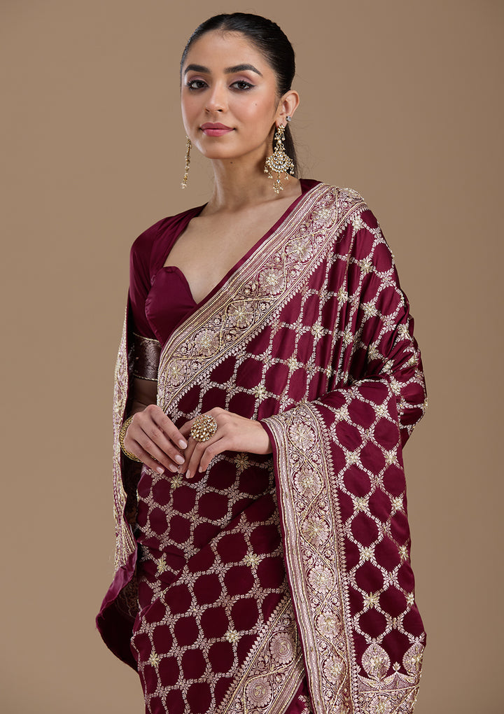 Maroon Silk Jaal Gold Zardozi Saree With Matching Blouse Piece