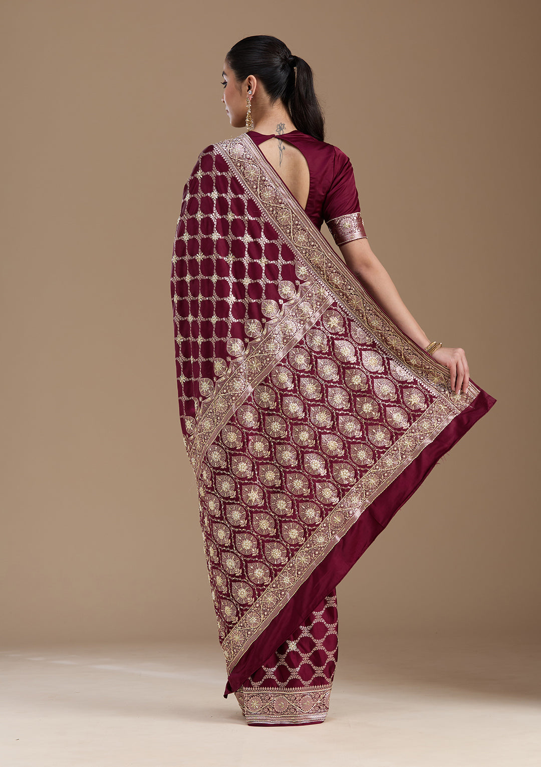 Maroon Silk Jaal Gold Zardozi Saree With Matching Blouse Piece