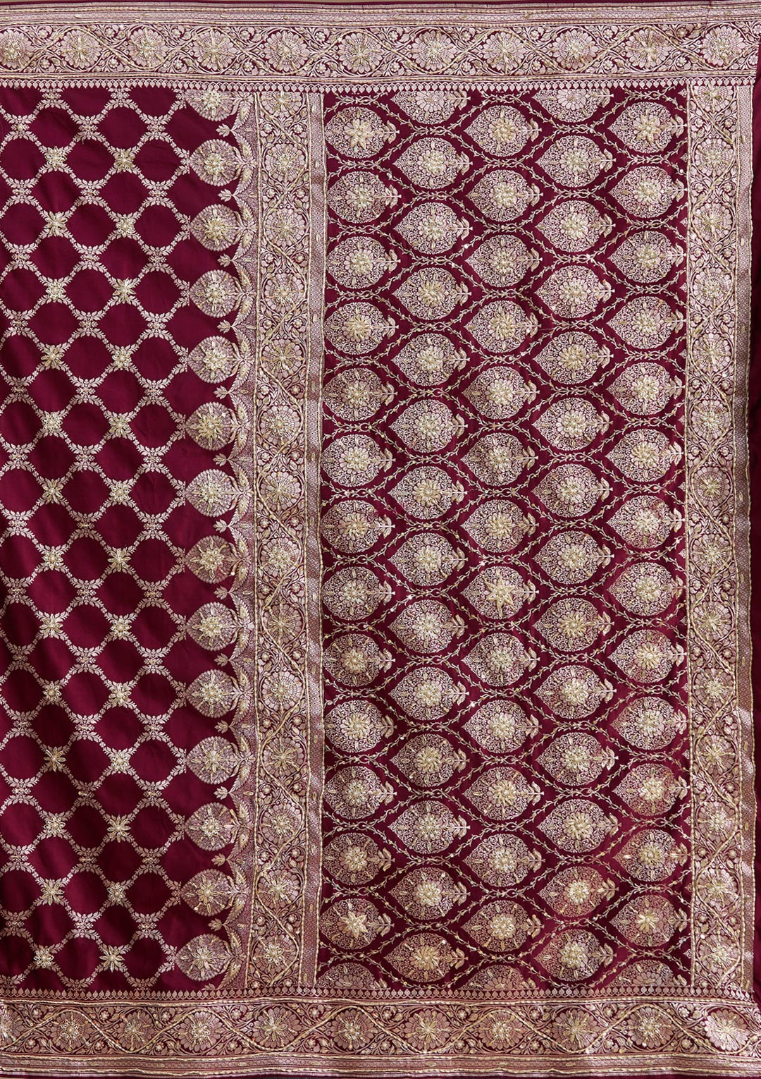 Maroon Silk Jaal Gold Zardozi Saree With Matching Blouse Piece