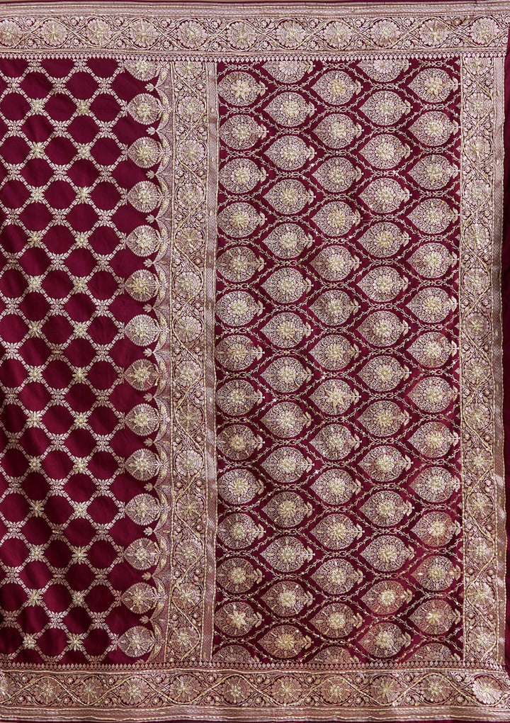 Maroon Silk Jaal Gold Zardozi Saree With Matching Blouse Piece