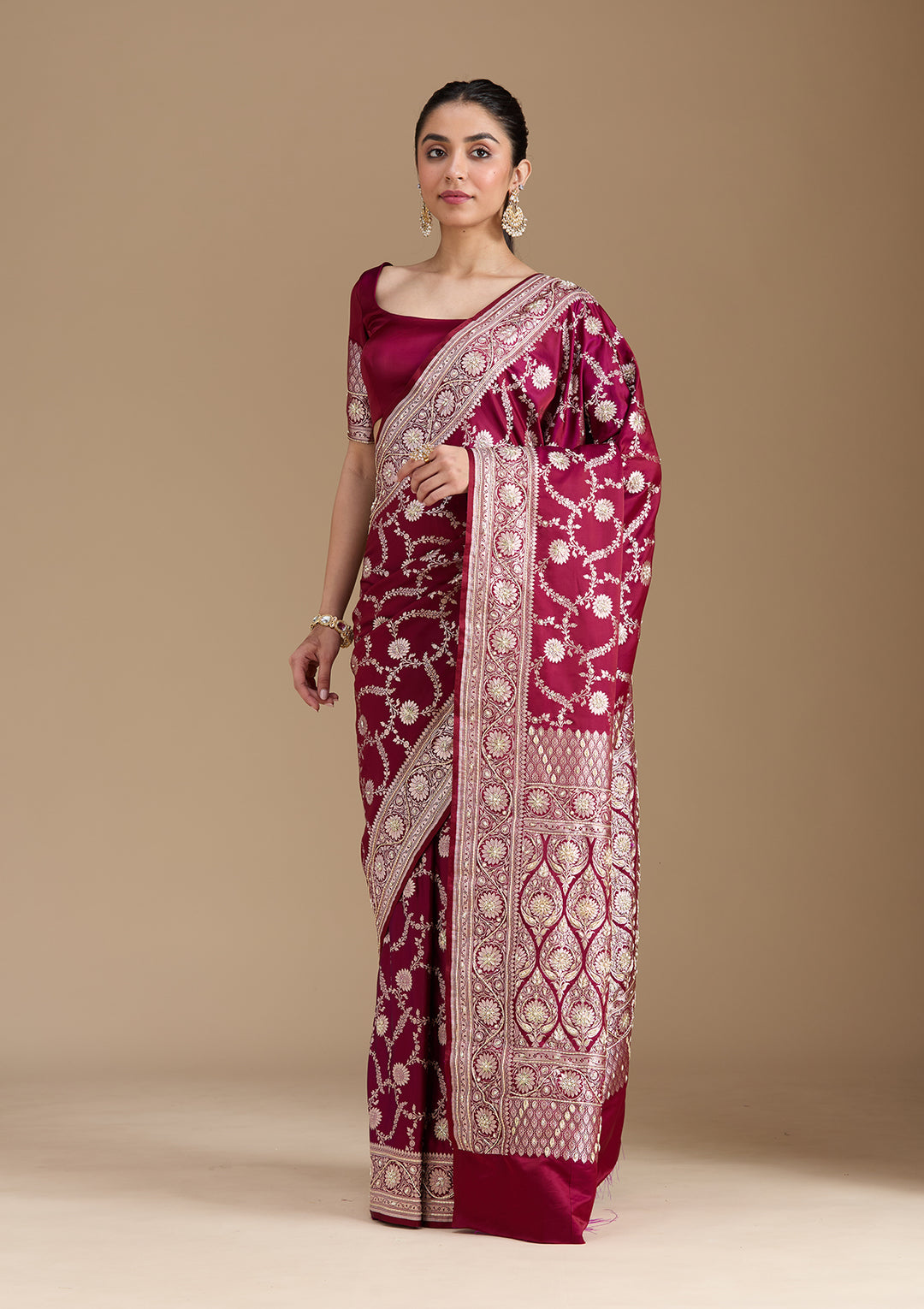 Maroon Silk Jaal Gold Zardozi Saree With Matching Blouse Piece