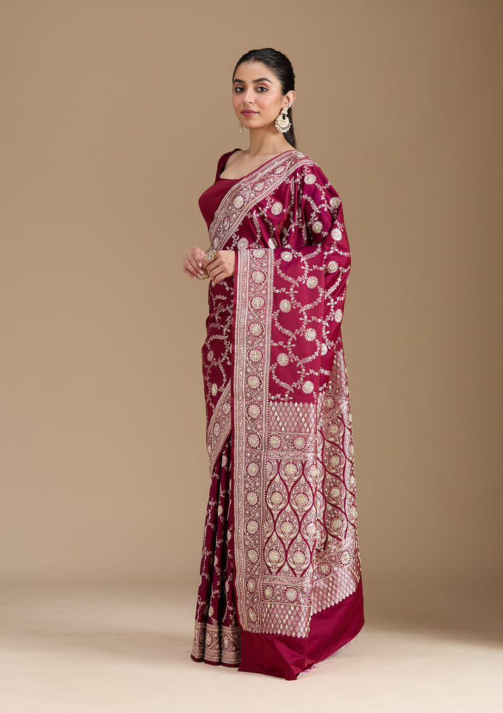 Maroon Silk Jaal Gold Zardozi Saree With Matching Blouse Piece
