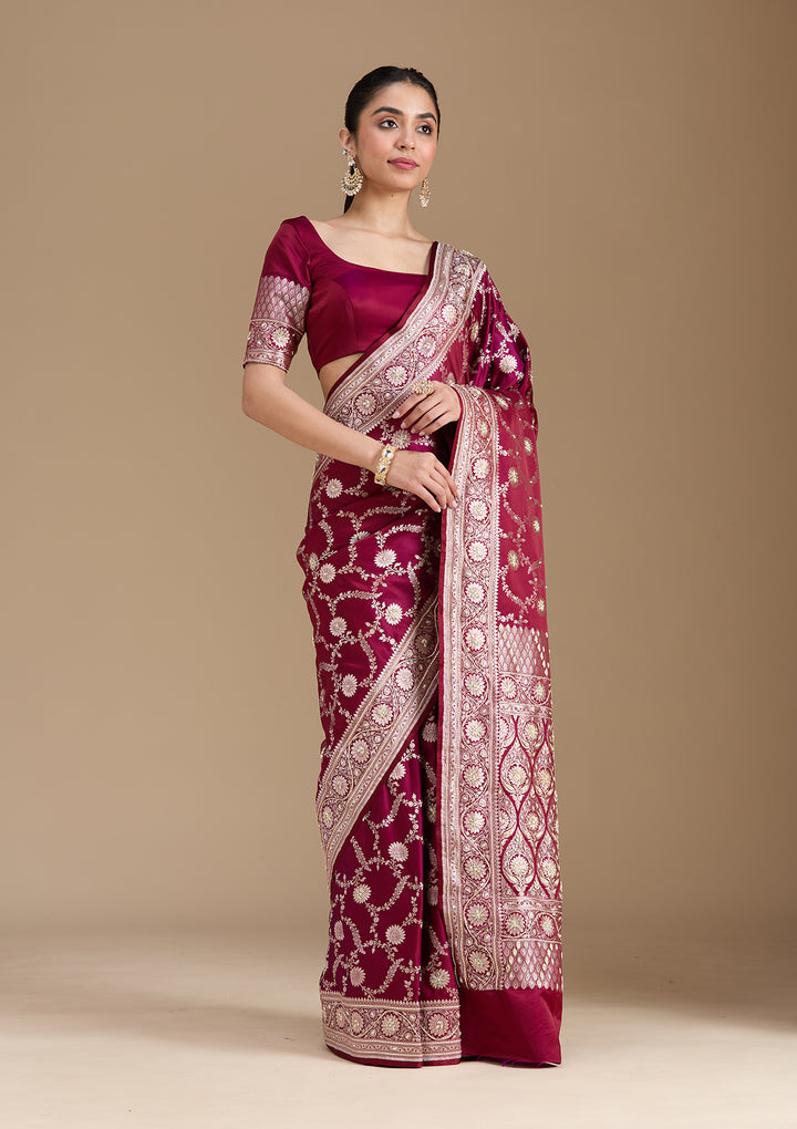 Maroon Silk Jaal Gold Zardozi Saree With Matching Blouse Piece