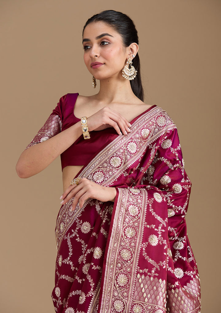 Maroon Silk Jaal Gold Zardozi Saree With Matching Blouse Piece