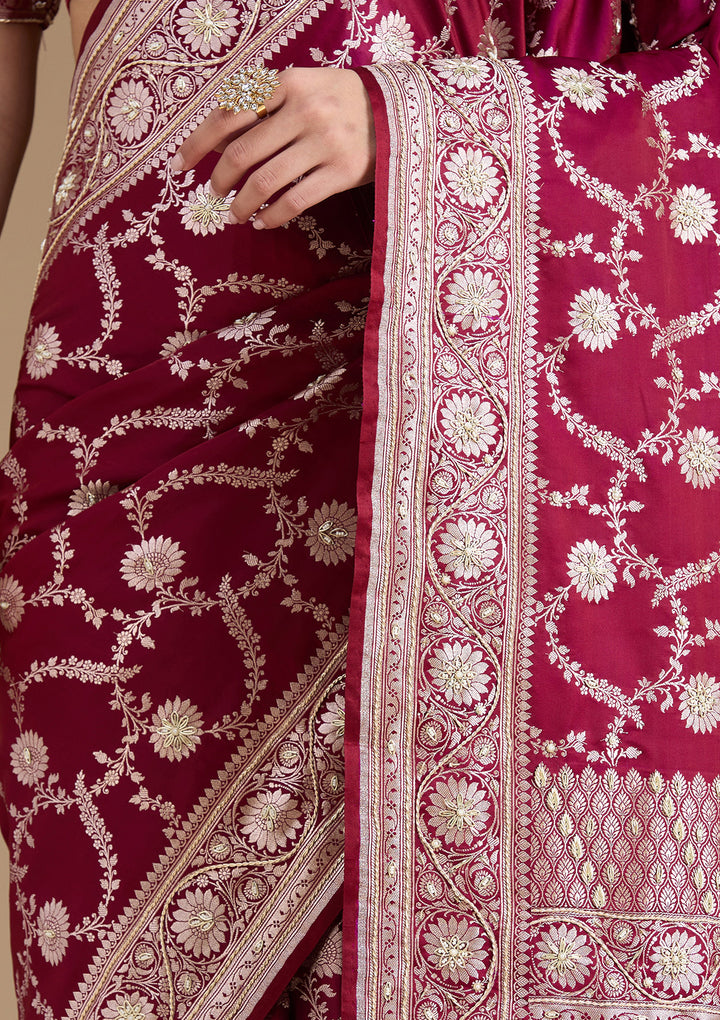 Maroon Silk Jaal Gold Zardozi Saree With Matching Blouse Piece