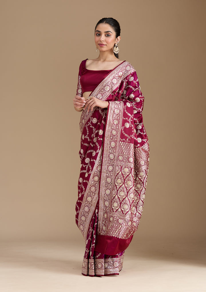 Maroon Silk Jaal Gold Zardozi Saree With Matching Blouse Piece