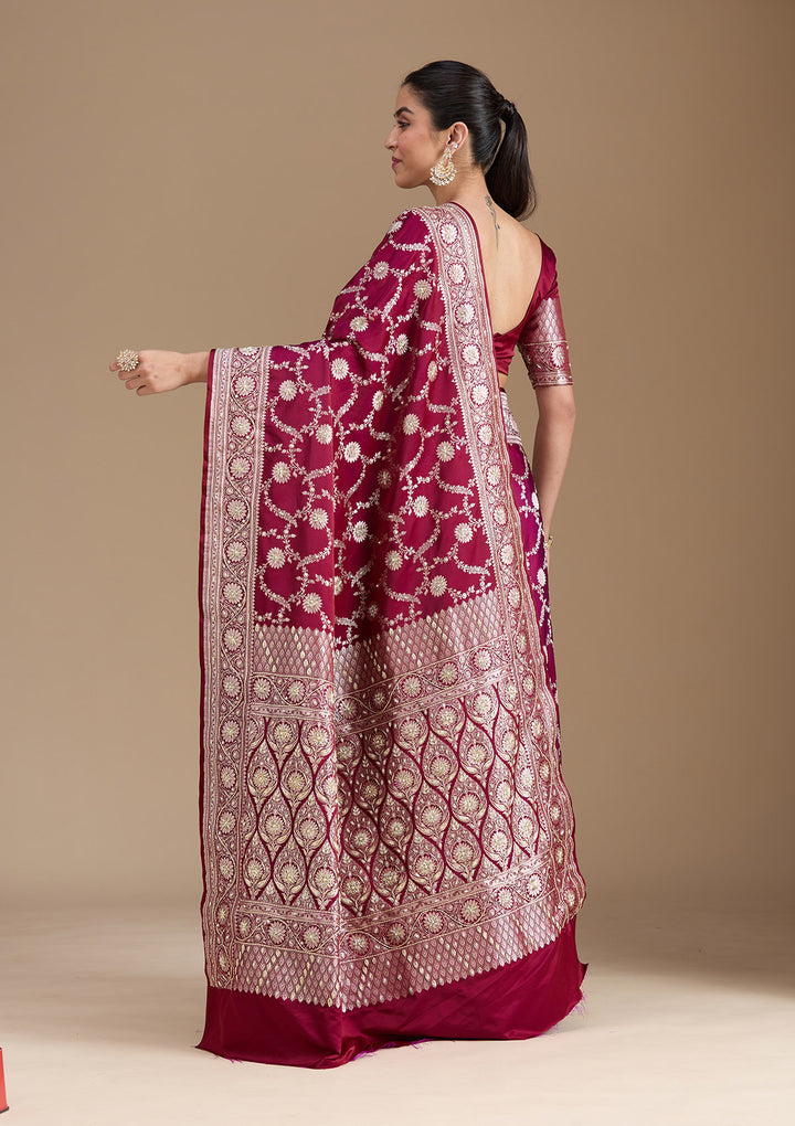 Maroon Silk Jaal Gold Zardozi Saree With Matching Blouse Piece