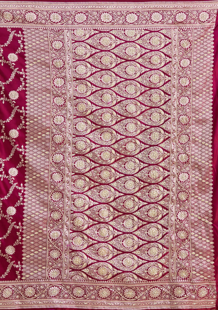 Maroon Silk Jaal Gold Zardozi Saree With Matching Blouse Piece