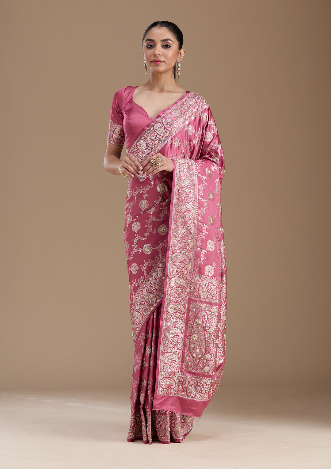 Onion Pink Silk Jaal Gold Zardozi Saree With Matching Blouse Piece
