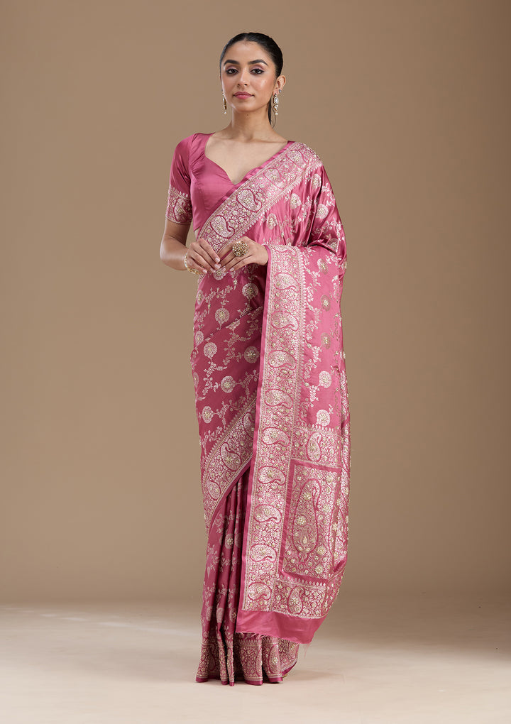 Onion Pink Silk Jaal Gold Zardozi Saree With Matching Blouse Piece