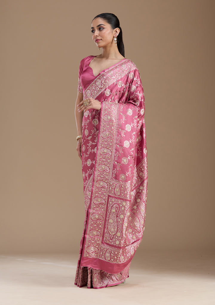 Onion Pink Silk Jaal Gold Zardozi Saree With Matching Blouse Piece