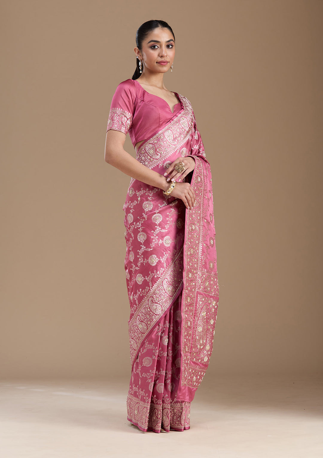 Onion Pink Silk Jaal Gold Zardozi Saree With Matching Blouse Piece